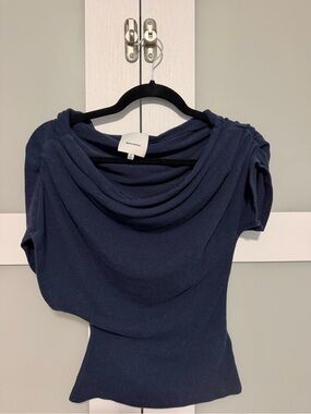 Reformation Navy Draped Cowl-Neck Sweater